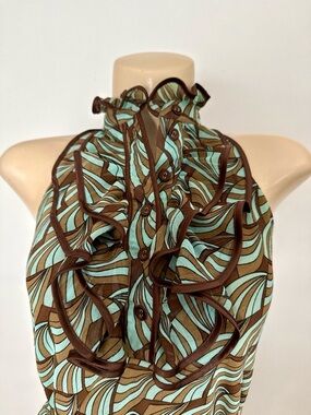 Vintage Teal & Brown Sleeveless Ruffle Halter Top